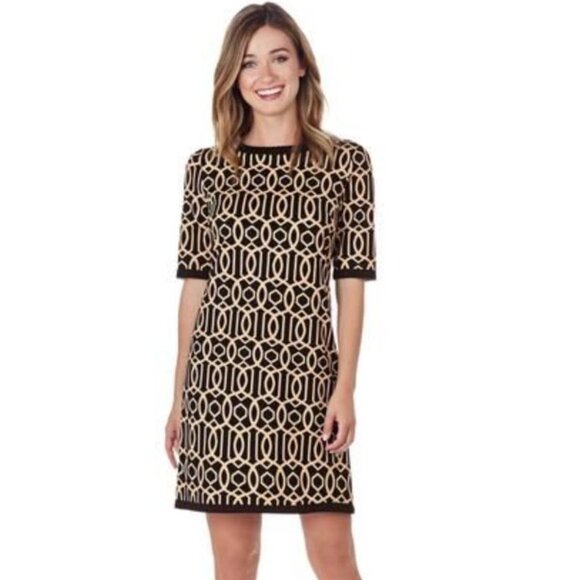 Jude Connally The Louisa Shift Dress Mini Garden Gate Camel Black Stretch Small - Picture 1 of 9
